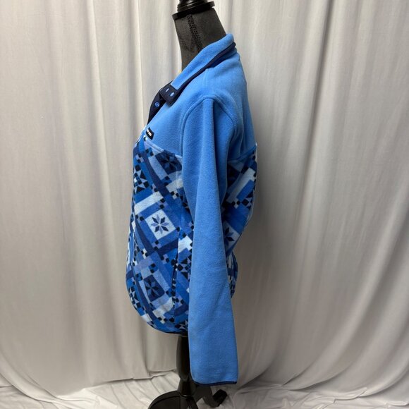 Lands End Womens Fleece Pullover Size Blue Patchwork Pattern Sweatshirt Comfy - Picture 3 of 9